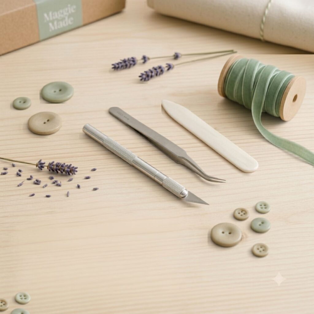 Ästhetisches Flatlay mit Plotter-Werkzeugen, Entgittermesser, Knöpfen und salbeigrünem Band auf hellem Holz als Inspiration für DIY-Projekte von Maggie Made.